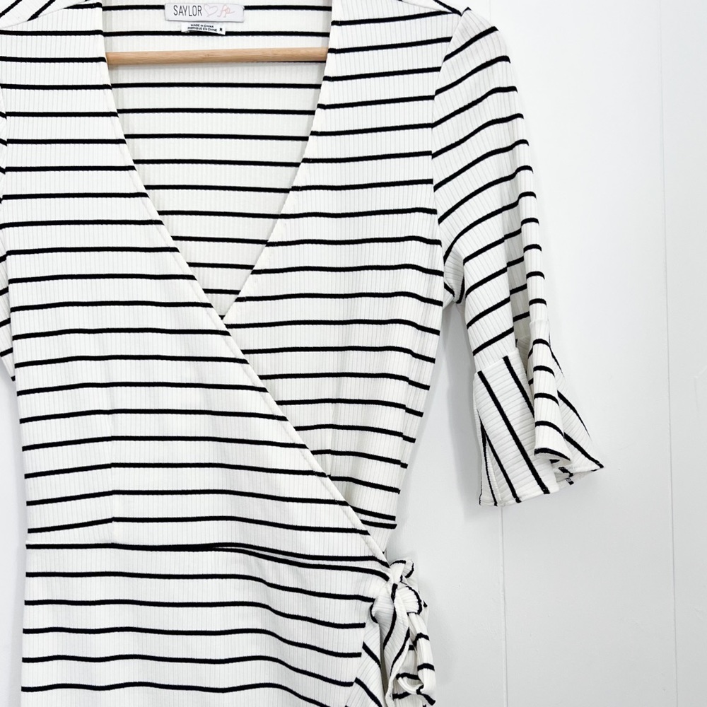 Saylor + Free People Chaser Mini Dress Wrap Ribbed Stripe Ruffle - Picture 4 of 8